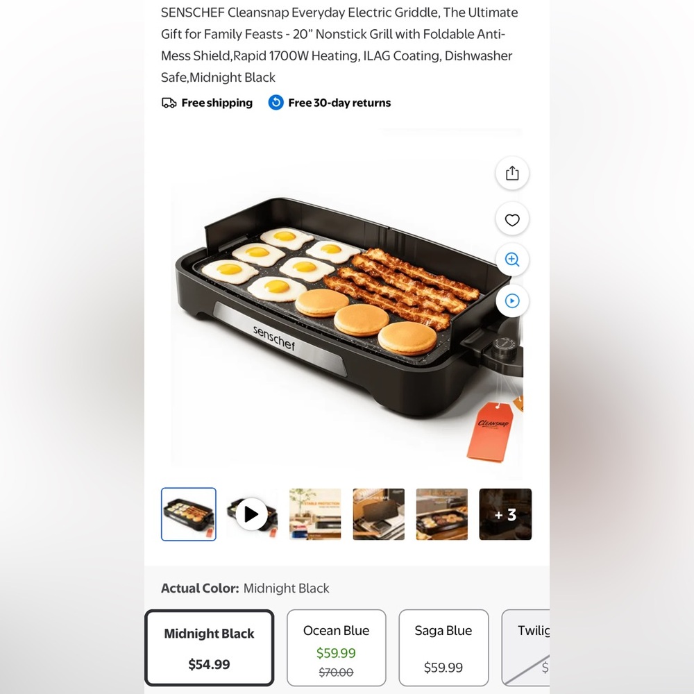 Senschef Electric Griddle - Black Nonstick Breakfast Grill